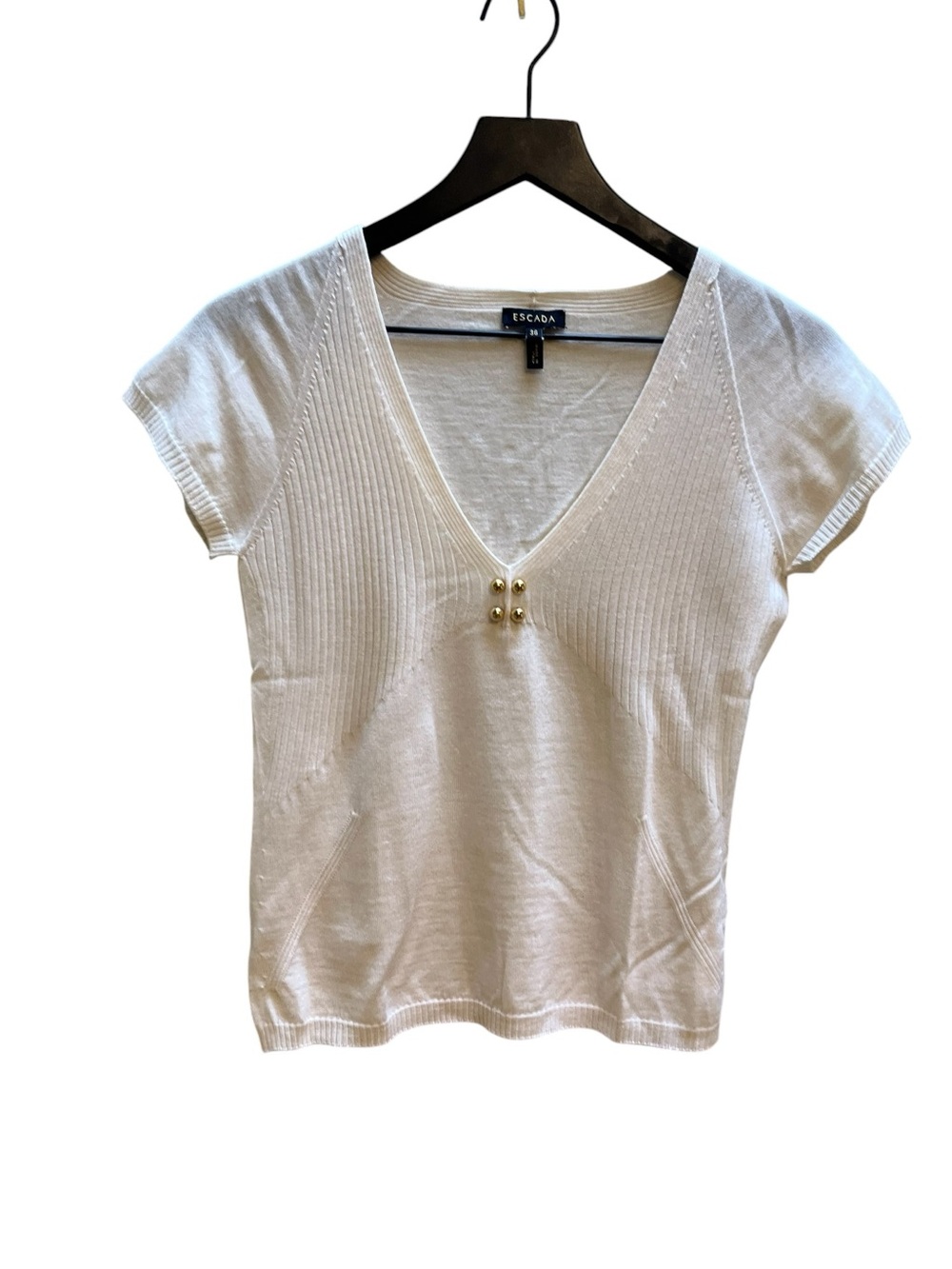 Escada Ivory V-Neck Short Sleeve Knit Top with Gold Accent size 6